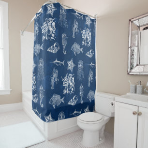 Rideaux De Douche Aquarelle bleu marine Océan Animaux marins