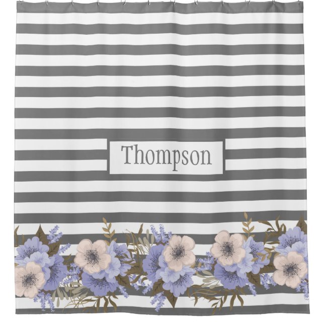 Rideaux De Douche Aquarelle bleu-poussiéreux monogramme rayures flor (Devant)