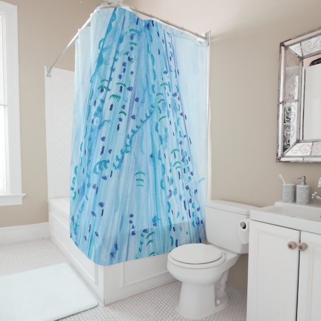 Rideaux De Douche Aquarelle bleue et oeuvre Pastel (En situation)