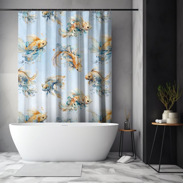 Rideaux De Douche Aquarelle bleue Or Blanc Koi Poisson Floral (Blue Watercolor Gold White Koi Fish Floral Shower Curtain)