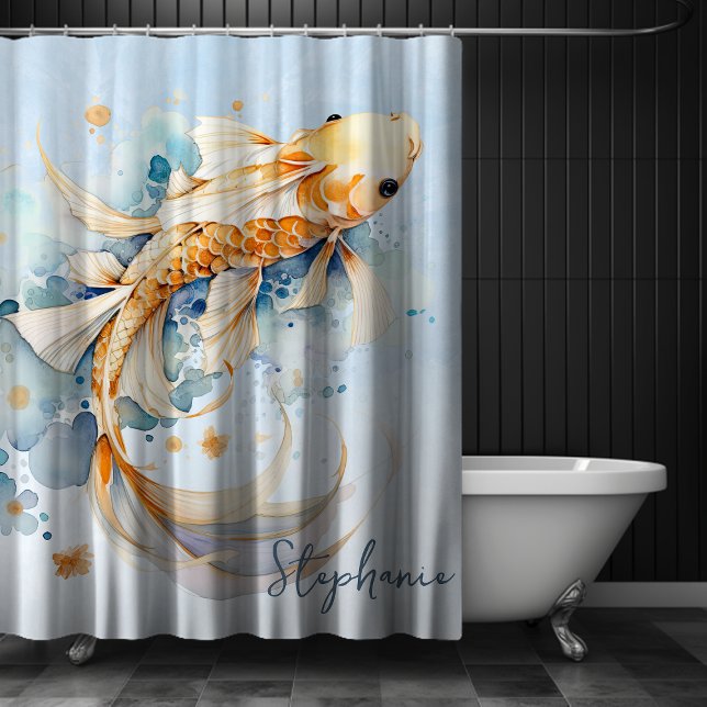 Rideaux De Douche Aquarelle bleue personnalisée Gold Koi Fish (Blue Watercolor Gold Koi Fish Personalized Shower Curtain)
