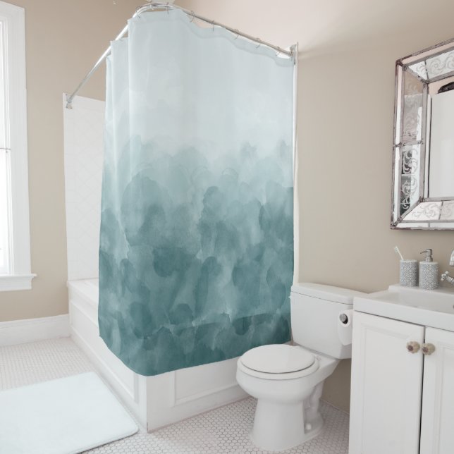 Rideaux De Douche Aquarelle bleue turquoise tropicale (En situation)