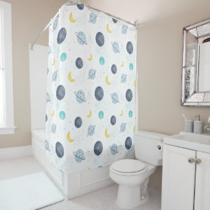 Rideaux De Douche Aquarelle Blue Space Planet Motif