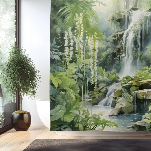 Rideaux De Douche Aquarelle Botanique Oasis de cascade (Créateur téléchargé)