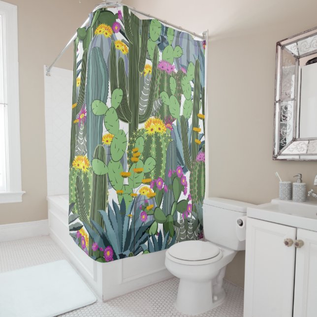 Rideaux De Douche Aquarelle Cactus et Fleurs de cactus  (En situation)