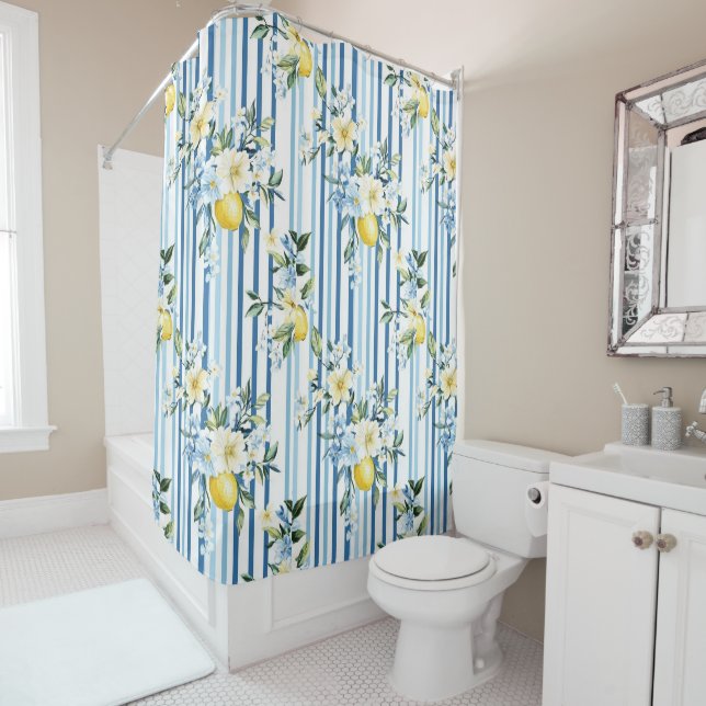 Rideaux De Douche Aquarelle Citron Bleu Bleu Blancs (En situation)