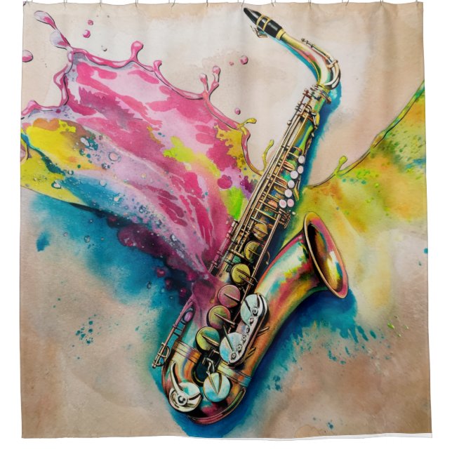 Rideaux De Douche Aquarelle colorée Saxophone Splash (Devant)