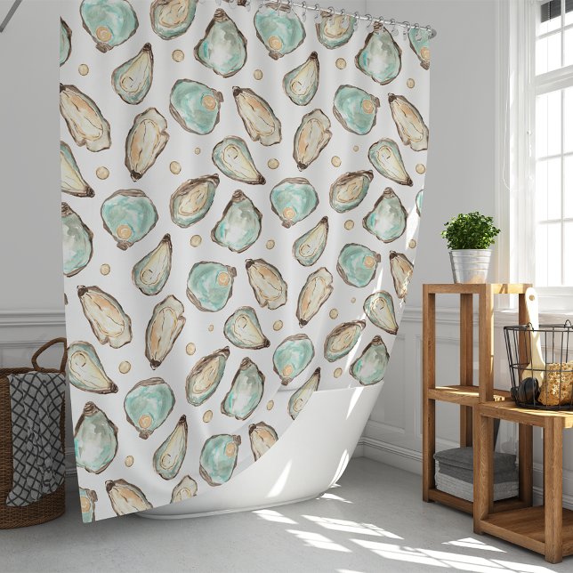 Rideaux De Douche Aquarelle côtière huître et Motif Pearl (Créateur téléchargé)
