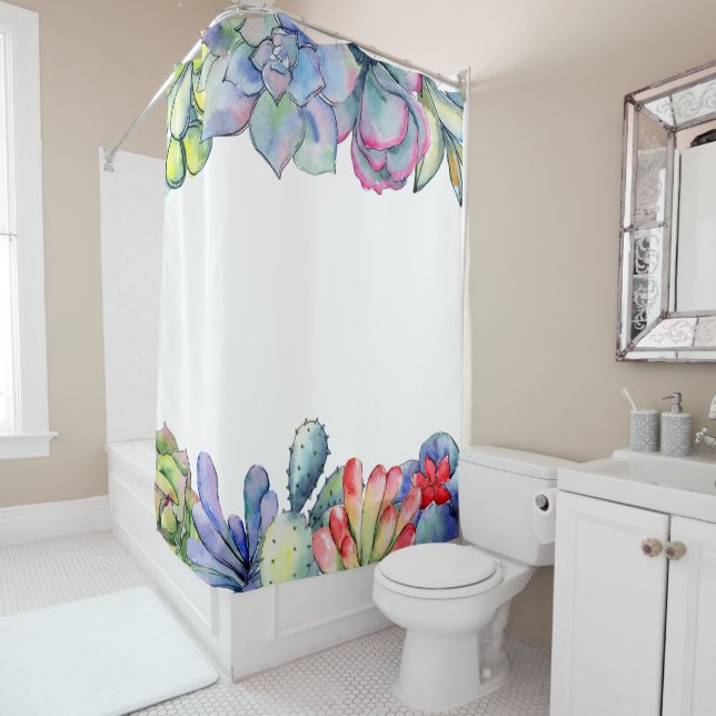Rideaux De Douche Aquarelle de cactus succulent (En situation)