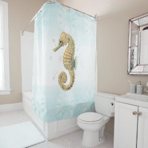 Rideaux De Douche Aquarelle de plage côtière sarcelle et or de cheva
