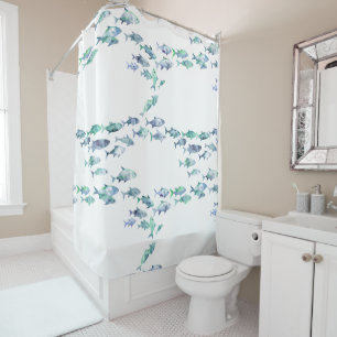 Rideaux De Douche Aquarelle de poisson bleu vert marine