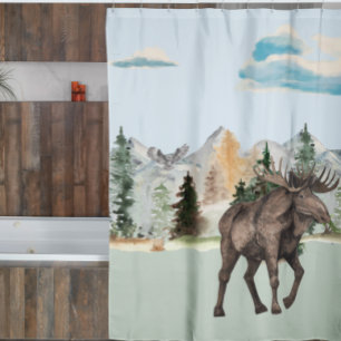 Rideaux De Douche Aquarelle d'orignal Bois Forêt animale Cabine