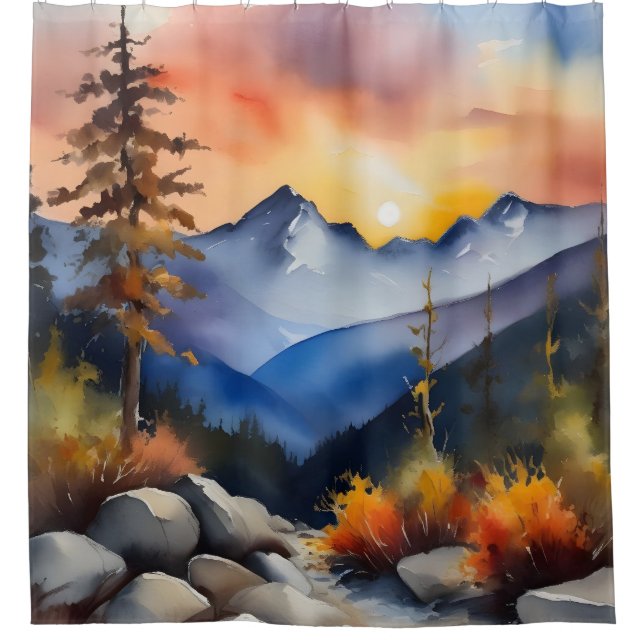 Rideaux De Douche Aquarelle du lever du soleil sur les montagnes enn (Devant)