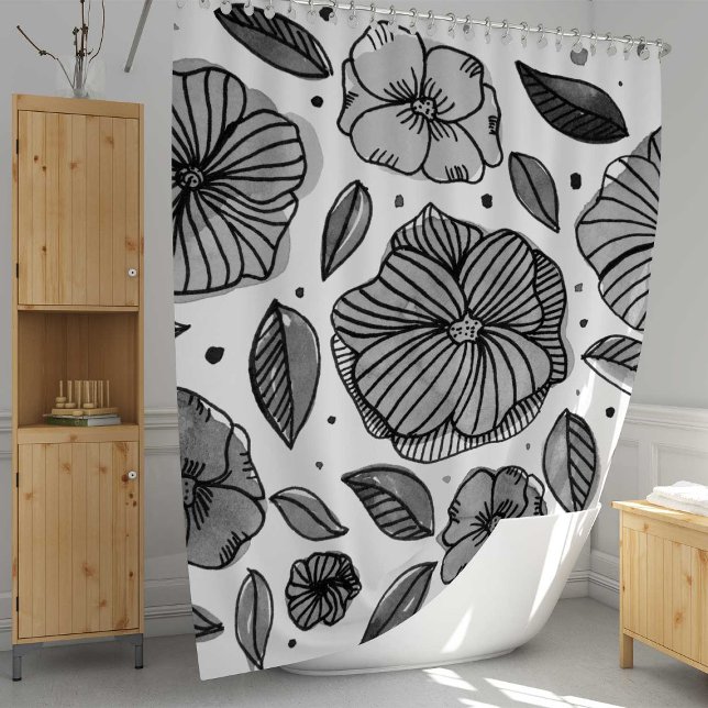 Rideaux De Douche Aquarelle et fleurs d'encre - noir et blanc (Créateur téléchargé)