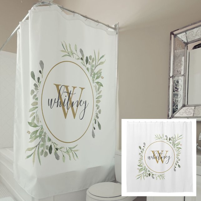Rideaux De Douche Aquarelle Feuillage Monogramme Doré Chic Écriture (Watercolor Greenery Gold Monogram Chic Script Shower Curtain)