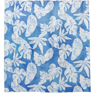 Rideaux De Douche Aquarelle Feuille tropicale Feuilles Blanc bleu mo