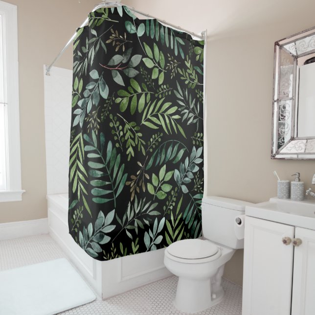 Rideaux De Douche Aquarelle Feuilles de verdure  (En situation)
