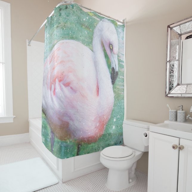 Rideaux De Douche Aquarelle Flamant rose rose Art tropical (En situation)