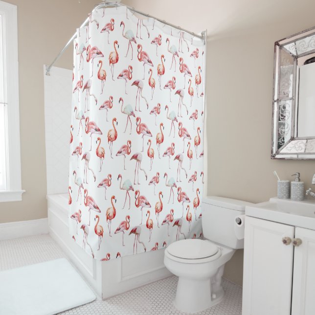 Rideaux De Douche Aquarelle Flamant rose rose tropicale (En situation)