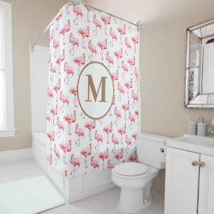 Rideaux De Douche Aquarelle Flamant rose rose tropicale   Monogramme