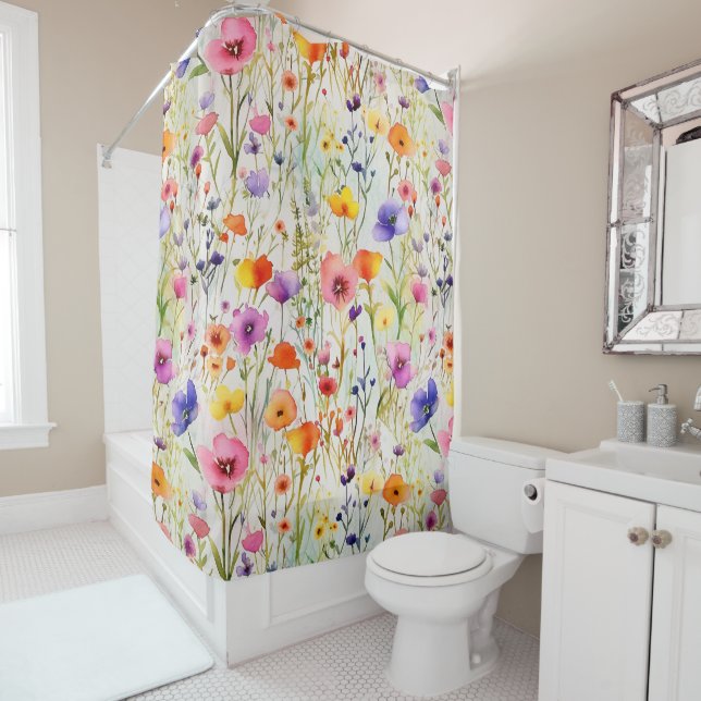 Rideaux De Douche Aquarelle fleur sauvage colorée (En situation)