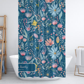 Rideaux De Douche Aquarelle fleurie nom de famille personnalisée ble