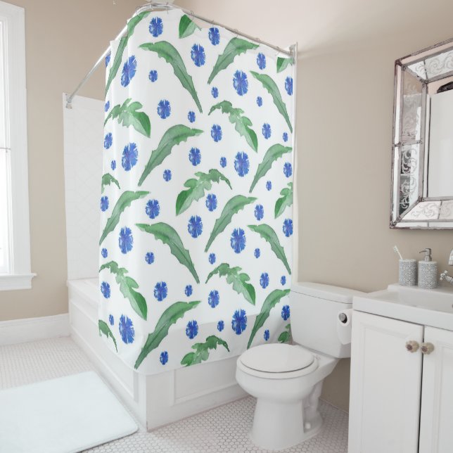 Rideaux De Douche Aquarelle Fleurs de corail bleu (En situation)