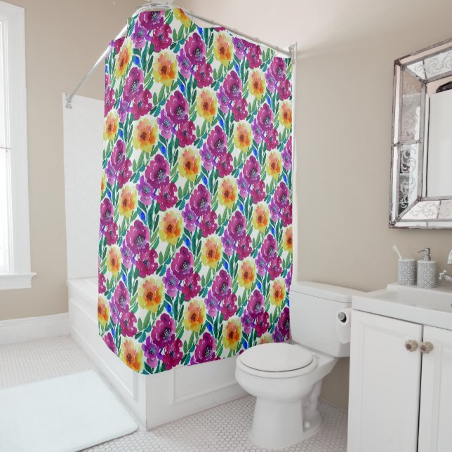Rideaux De Douche Aquarelle Fleurs Maroon et Jaune (En situation)