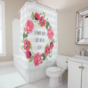 Rideaux De Douche Aquarelle Fleurs rouges et roses Cercle de couronn