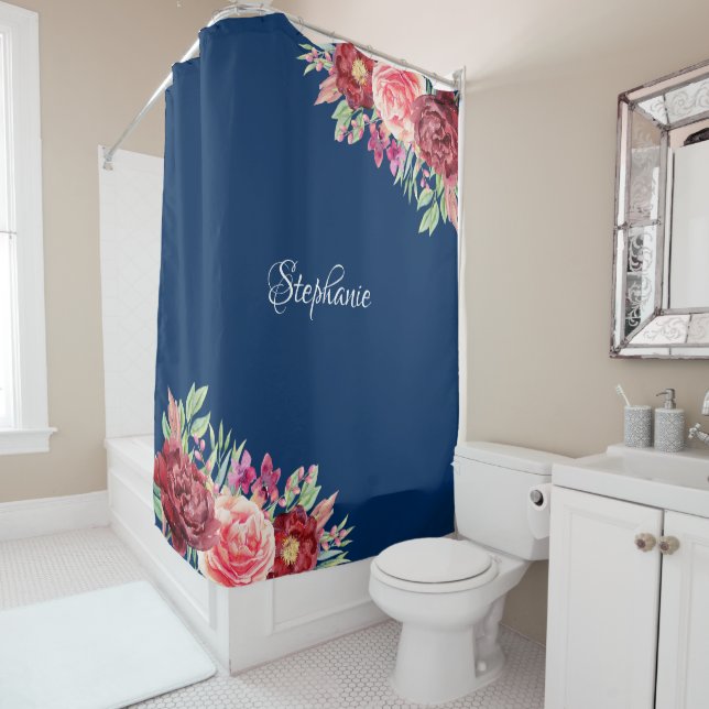 Rideaux De Douche Aquarelle Floral Marine Bleu Personnalisé (En situation)
