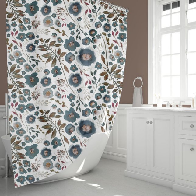 Rideaux De Douche Aquarelle florale Boho (Boho Brown Cranberry Deep Blue Floral Pattern Shower Curtain from Studio Posies.)