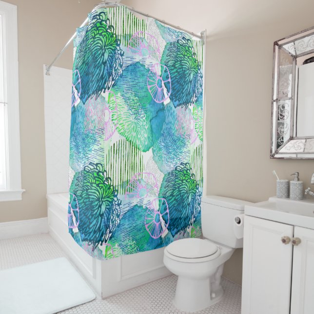 Rideaux De Douche Aquarelle florale moderne bleu abstrait rose (En situation)