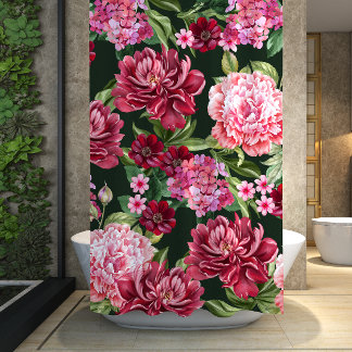 Rideaux De Douche Aquarelle florale noir fleurs rouges