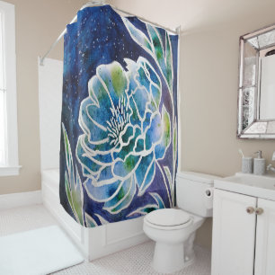 Rideaux De Douche Aquarelle florale Turquoise bleu Dahlia Navy