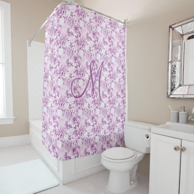 Rideaux De Douche Aquarelle Florale violette initiale Monogramme Élé (En situation)