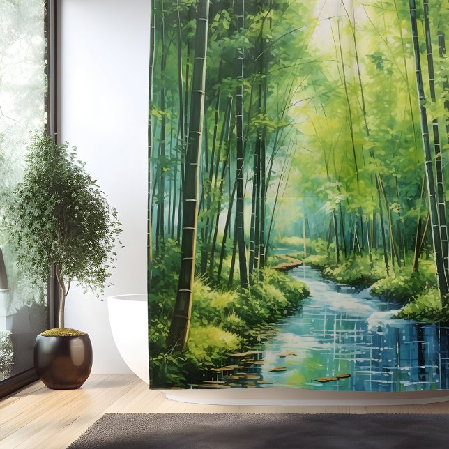 Rideaux De Douche Aquarelle Forêt japonaise de bambou (Créateur téléchargé)