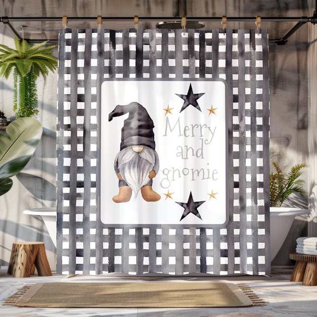 Rideaux De Douche Aquarelle Gnome d'hiver sur Buffalo chèque Noël (Watercolor Winter Gnome on Buffalo check Christmas Shower Curtain)