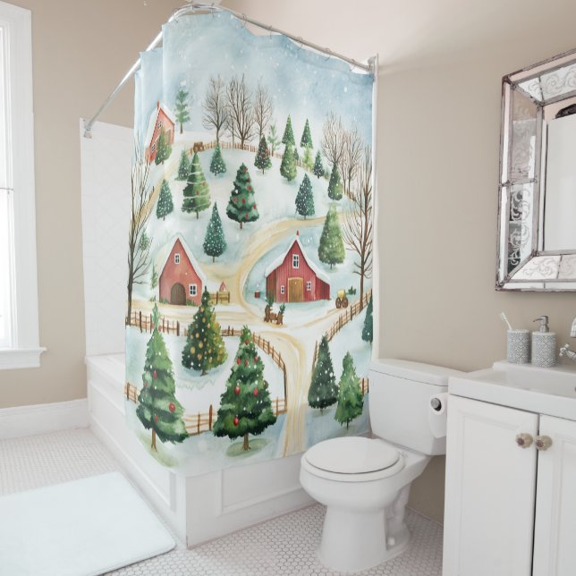 Rideaux De Douche Aquarelle Hiver Paysage rustique avec Fir Trees (En situation)