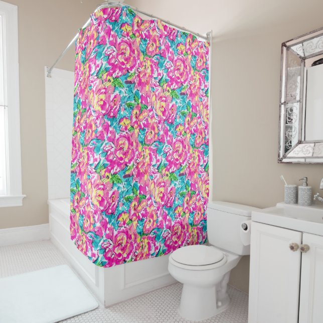 Rideaux De Douche Aquarelle inspirée bleu rose Floral (En situation)