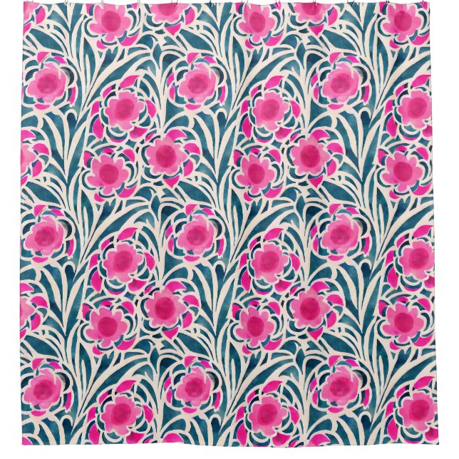 Rideaux De Douche Aquarelle inspirée rose + bleu Botanique Floral (Devant)