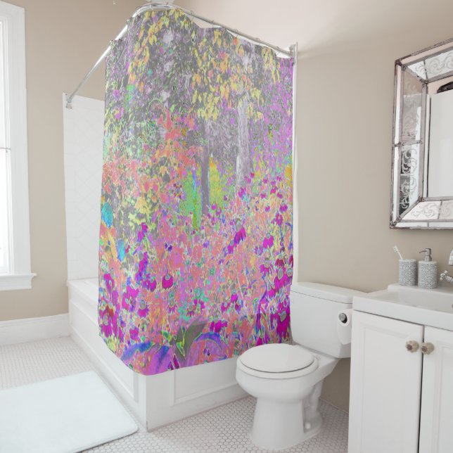 Rideaux De Douche Aquarelle Jardin lever de soleil avec fleurs viole (En situation)