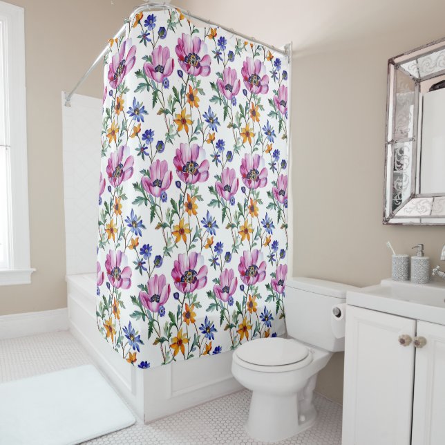 Rideaux De Douche Aquarelle Joli violet et jaune Floral (En situation)