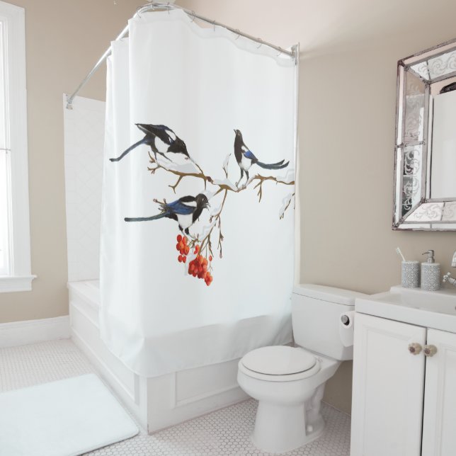 Rideaux De Douche Aquarelle Magpies Jardin Oiseau Faune Art (En situation)
