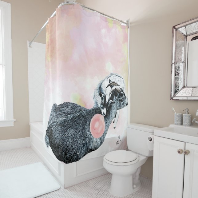 Rideaux De Douche Aquarelle maman et bébé Pygmée chèvres Bubblegum (En situation)