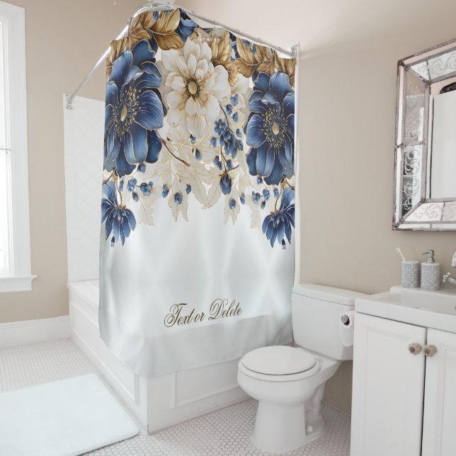 Rideaux De Douche Aquarelle Marine Bleu Blanc Or Floral Argent (En situation)