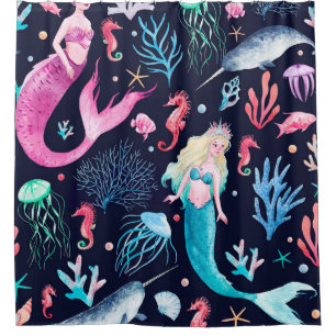 Rideaux De Douche Aquarelle mer motif avec sirènes, coraux, seah