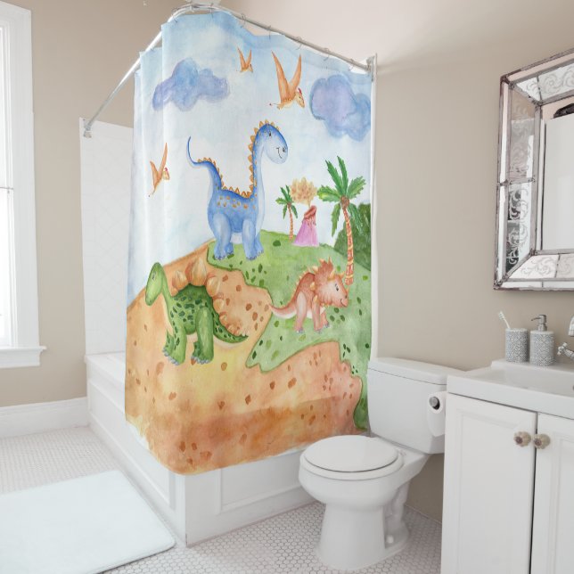 Rideaux De Douche Aquarelle mignonne Bébé Dinosaure Garçons préhisto (En situation)