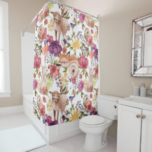 Rideaux De Douche Aquarelle mignonne Bois Forêt Animaux Floral