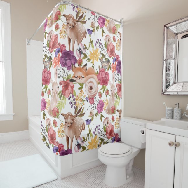 Rideaux De Douche Aquarelle mignonne Bois Forêt Animaux Floral (En situation)