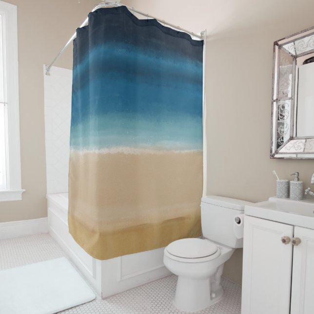 Rideaux De Douche Aquarelle moderne Gold Blue Beach (En situation)